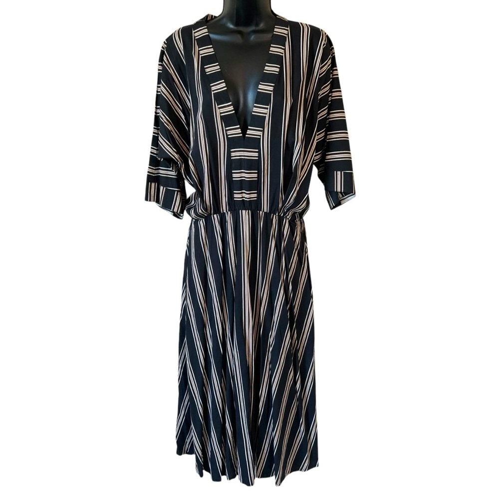 Anthropologie Uma & Leopold Black and Beige Striped Kaftan Midi Dress